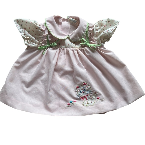 Vintage Other - Catton Candy Vintage Baby Girls Pink Cat Embroidered Dress
